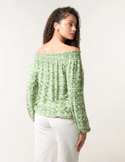 Bubble Hem Bardot Top(Khaki Bubble Hem Bardot Top) -Repertoire Fashion Store ss25115 khaki 50730