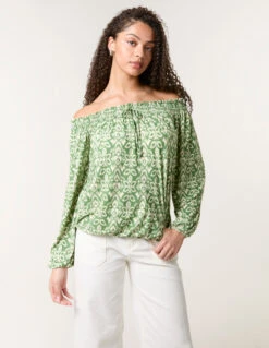 Bubble Hem Bardot Top(Khaki Bubble Hem Bardot Top)