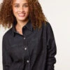 Long Sleeved Denim Shirt(Black Long Sleeve Denim Shirt) -Repertoire Fashion Store st2369 black 5118 49