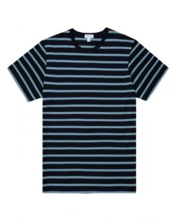 Sunspel Mens Classic Stripe T-Shirt Navy/Como Blue