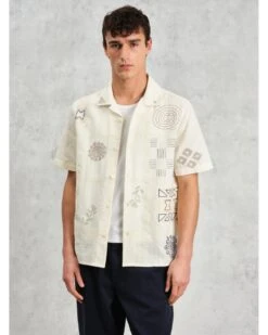 Wax London Mens Didcot Embroidered Doodle Short Sleeve Shirt Ecru Beige -Repertoire Fashion Store wax london mens didcot embroidered doodle short sleeve shirt ecru beige p46221 308326 image