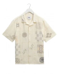 Wax London Mens Didcot Embroidered Doodle Short Sleeve Shirt Ecru Beige