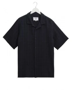 Wax London Mens Didcot Open Weave Short Sleeve Shirt Navy
