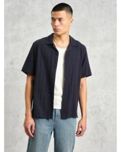 Wax London Mens Didcot Open Weave Short Sleeve Shirt Navy -Repertoire Fashion Store wax london mens didcot open weave short sleeve shirt navy p46216 308222 image