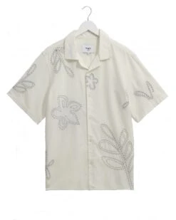 Wax London Mens Floral Embroidered Short Sleeve Shirt Ecru Beige