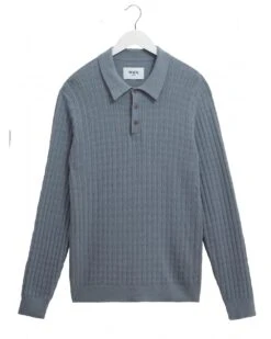Wax London Mens Oban Diamond Long Sleeve Polo Shirt Grey Blue