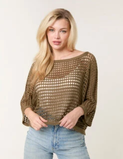 Round Neck Net Top(Khaki Round Neck Net Top) -Repertoire Fashion Store wf5162 khaki 54614