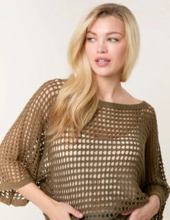 Round Neck Net Top(Khaki Round Neck Net Top) -Repertoire Fashion Store wf5162 khaki 54617