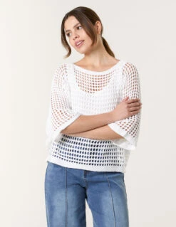 Round Neck Net Top(White Round Neck Net Top)