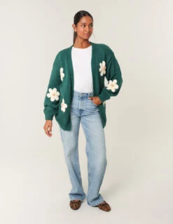 Daisy Large Flower Cardigan(Bottle Green Daisy Large Flower Cardigan) -Repertoire Fashion Store wf5257 bottlegreen 5623 138