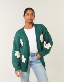 Daisy Large Flower Cardigan(Bottle Green Daisy Large Flower Cardigan) -Repertoire Fashion Store wf5257 bottlegreen 5646 139