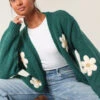 Daisy Large Flower Cardigan(Bottle Green Daisy Large Flower Cardigan)