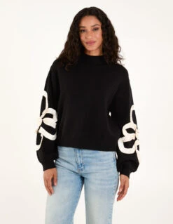 Frill Flower Knit Jumper(Frill Flower Knit Jumper) -Repertoire Fashion Store wf5298 black 11768