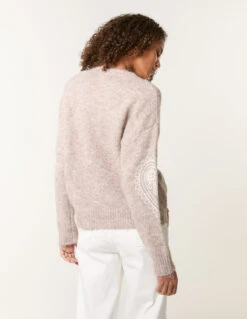 Jumper With Embroidered Heart(Jumper With Embroidered Heart) -Repertoire Fashion Store wf5541 mocha 1058