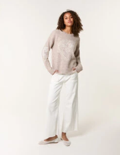 Jumper With Embroidered Heart(Jumper With Embroidered Heart) -Repertoire Fashion Store wf5541 mocha 1071