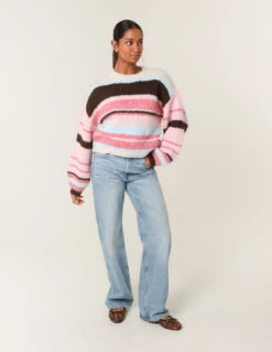 Colourful Block Horizontal Stripes Jumper(Pink Colourful Block Horizontal Stripes Jumper) -Repertoire Fashion Store wf5558 pink 5703 143