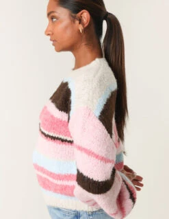 Colourful Block Horizontal Stripes Jumper(Pink Colourful Block Horizontal Stripes Jumper) -Repertoire Fashion Store wf5558 pink 5743 146