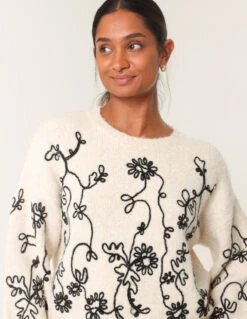 Floral Embroidery Jumper(Beige Floral Embroidery Jumper) -Repertoire Fashion Store wf5562 stone 5242 103