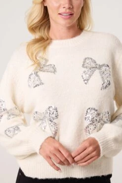 Sequin Bow Jumper(Sequin Bow Jumper) -Repertoire Fashion Store wf5638 ivory 253